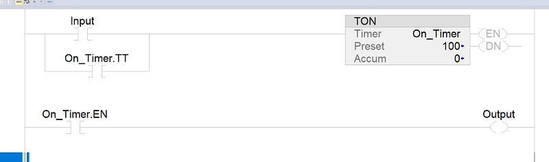 Debounce timer used in a PLC ladder logic program rung