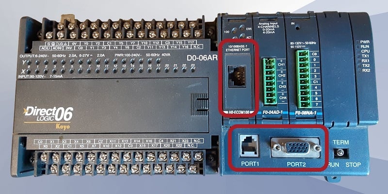 This PLCS has RS-232 with a fixed speed and limited functions on PORT1, 15 pins for RS-232/422/485, also for various protocols on PORT2, and a modular Ethernet port built-in communication ports