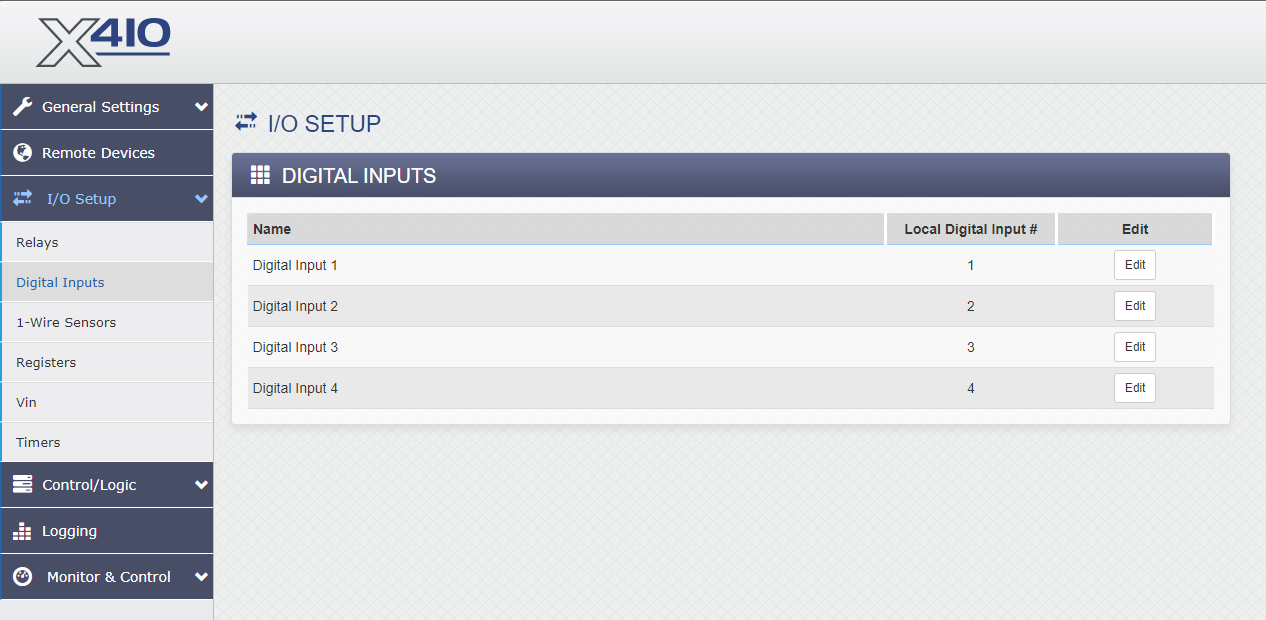 Digital I/O setup menu